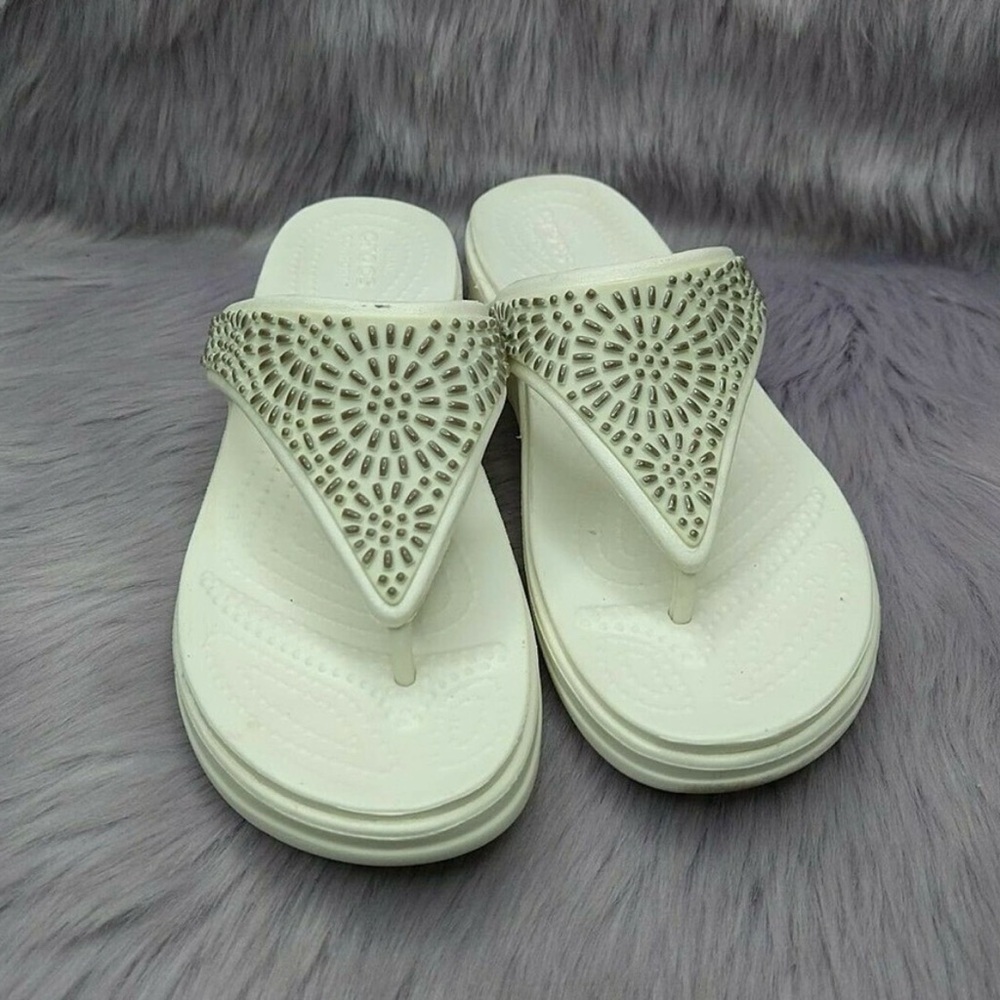 CROCS White Embellished Thong Sandals